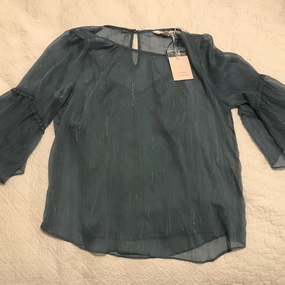 NWT LC Lauren Conrad blue flutter sleeve blouse with silver metallic thread (S) - Picture 3 of 16